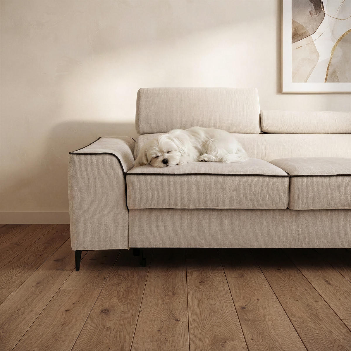 ECKSOFA EVER L Rechts mit Schlaffunktion 193x126 Chenille Beige - Beige/Schwarz, Holz/Textil (204/267cm) - Muffo