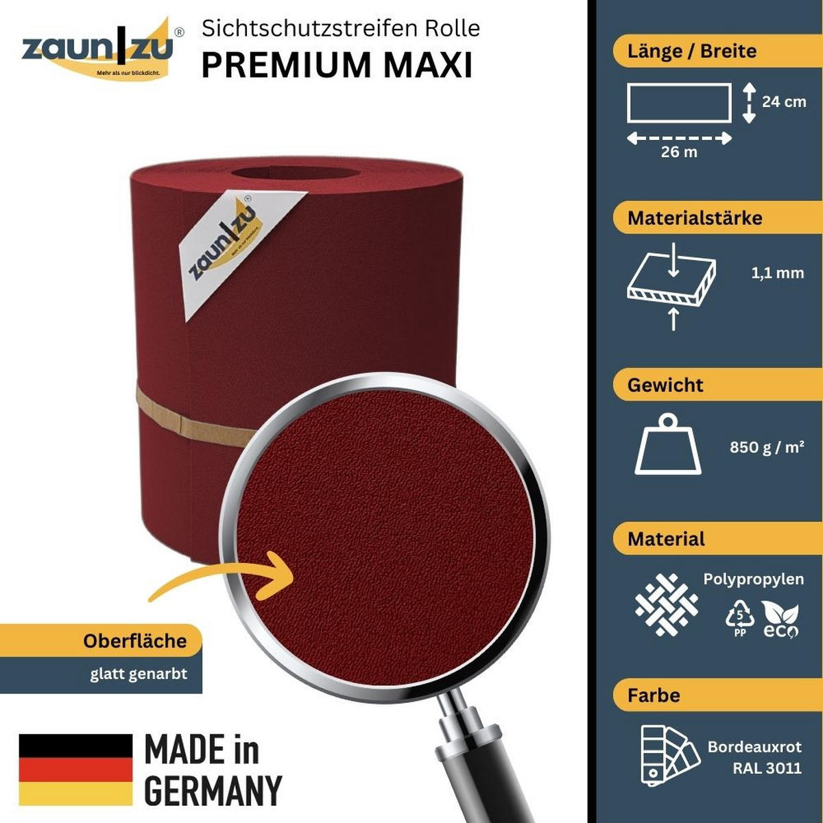 SICHTSCHUTZSTREIFEN Premium Maxi für Doppelstabmatten 24cm hoch Bordeauxrot 26m - Bordeaux, Kunststoff (2600/24cm) - ZAUN|ZU