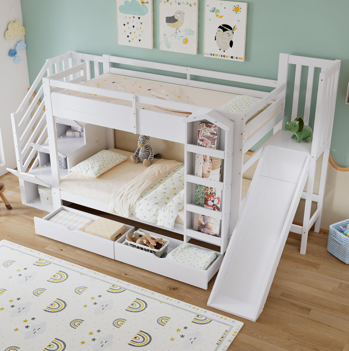 ETAGENBETT 90/200 cm aus Kiefer, MDF und Sperrholz mit Rutsche, Weiß - Weiß, Holz (90/200cm) - OKMYHOME