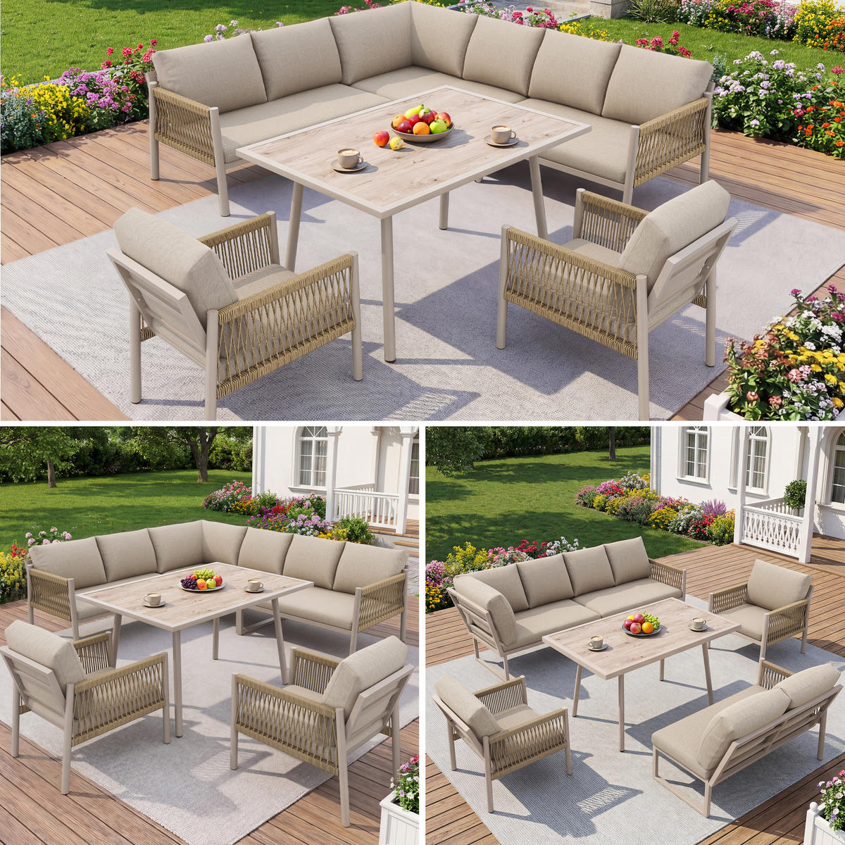 GARTENLOUNGE Beige 7-8 Personen L-Form Sofa Tisch 2 Sessel - Beige, Metall - FLIEKS
