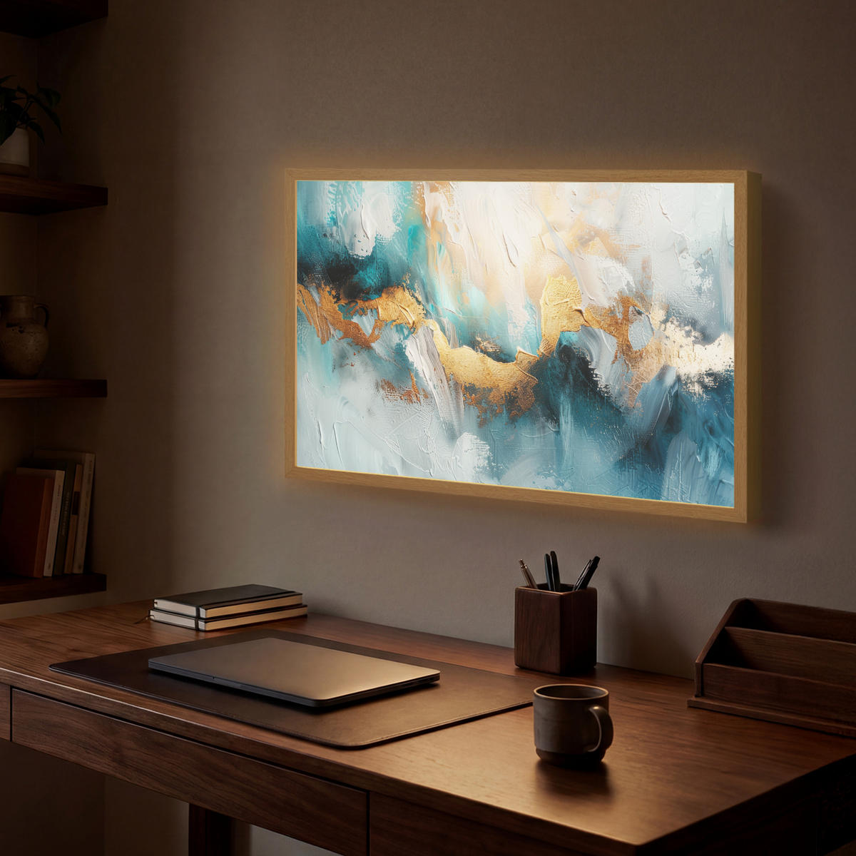 NÁSTĚNNÁ LAMPA S AKUMULÁTOREM Abstraktní - umění - zlatá - modrá 60x40 cm - tyrkysová, kompozitní dřevo (60/40/8cm) - OnlyWow