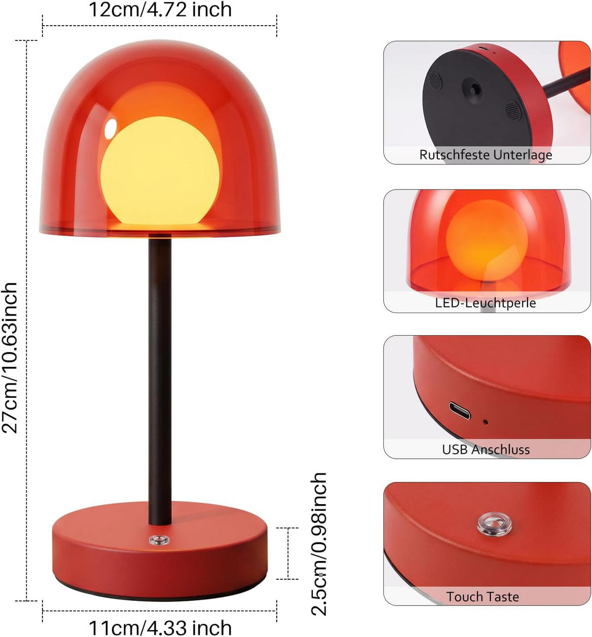 LED Schreibtischlampe 12/12/27cm - Rot, Metall (12/12/27cm) - Nettlife