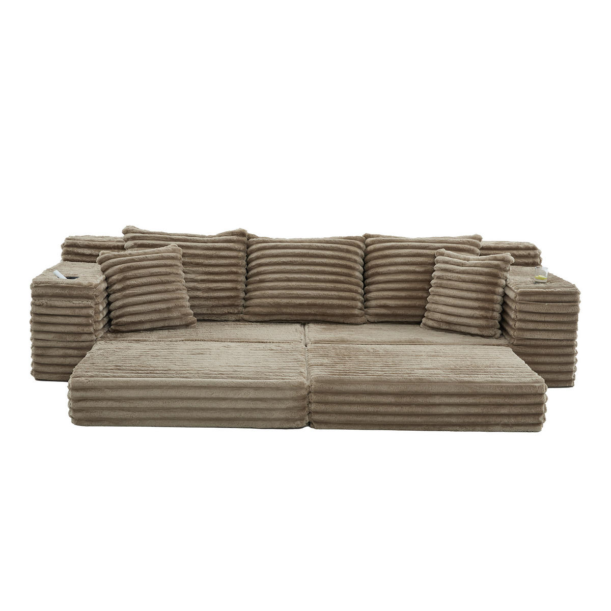 SCHLAFSOFA 273/98/87 cm Khaki mit beidseitigen Taschen und Getränkehaltern - Sandfarben, Textil (107.48/34.25/38.58cm) - Oxeza