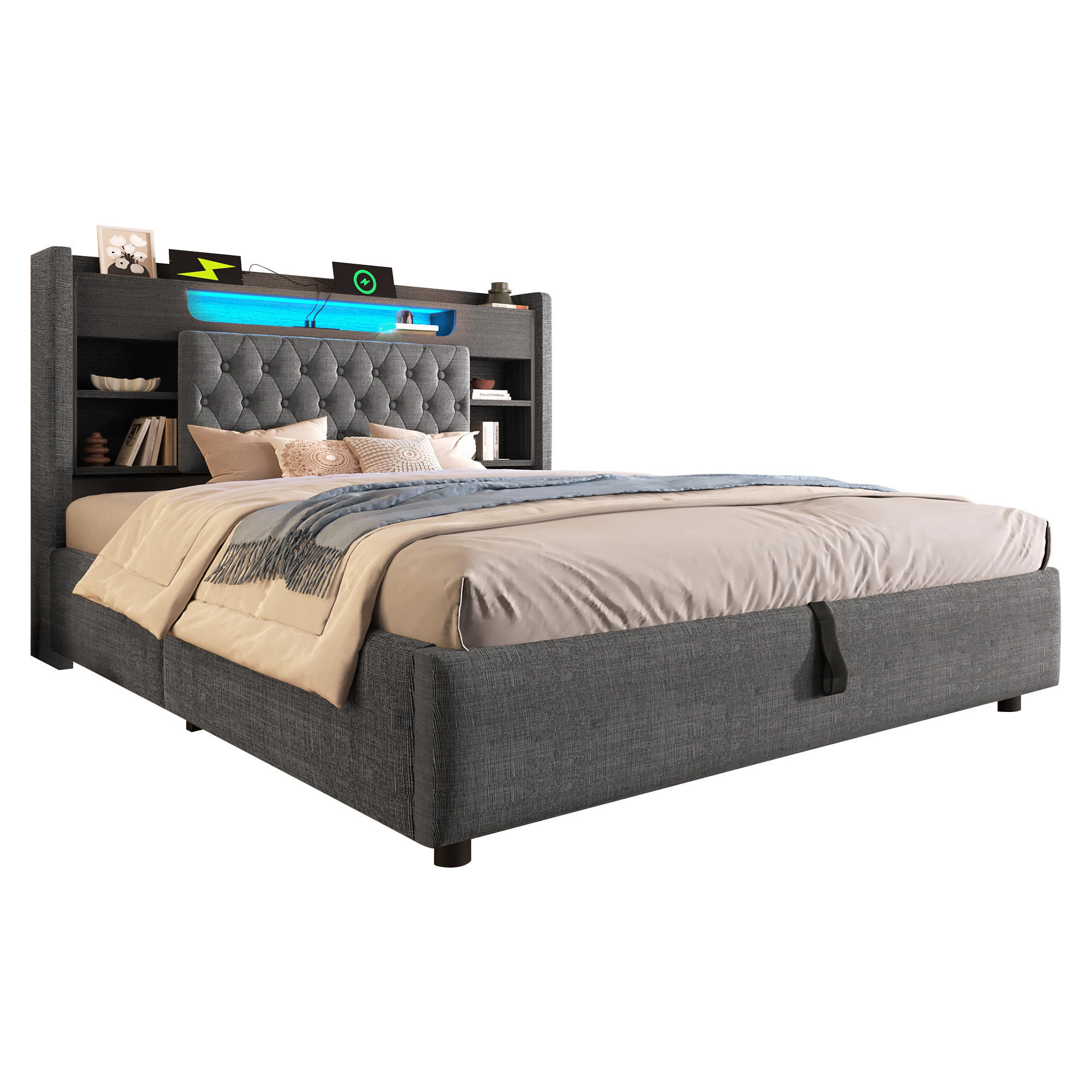 POLSTERBETT 140/200 cm in Grau mit LED, USB & Bettkasten aus Leinen - Grau, Holzwerkstoff/Textil (140/200cm) - CHICFURN