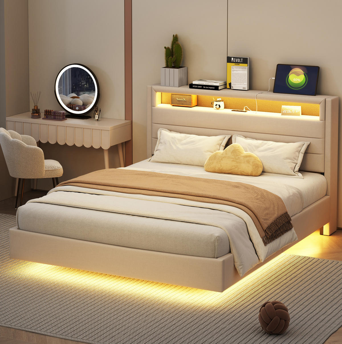 POLSTERBETT 140/200 cm Beige mit LED-Beleuchtung und USB-Anschluss - Beige, Textil (140/200cm) - Flora Grace