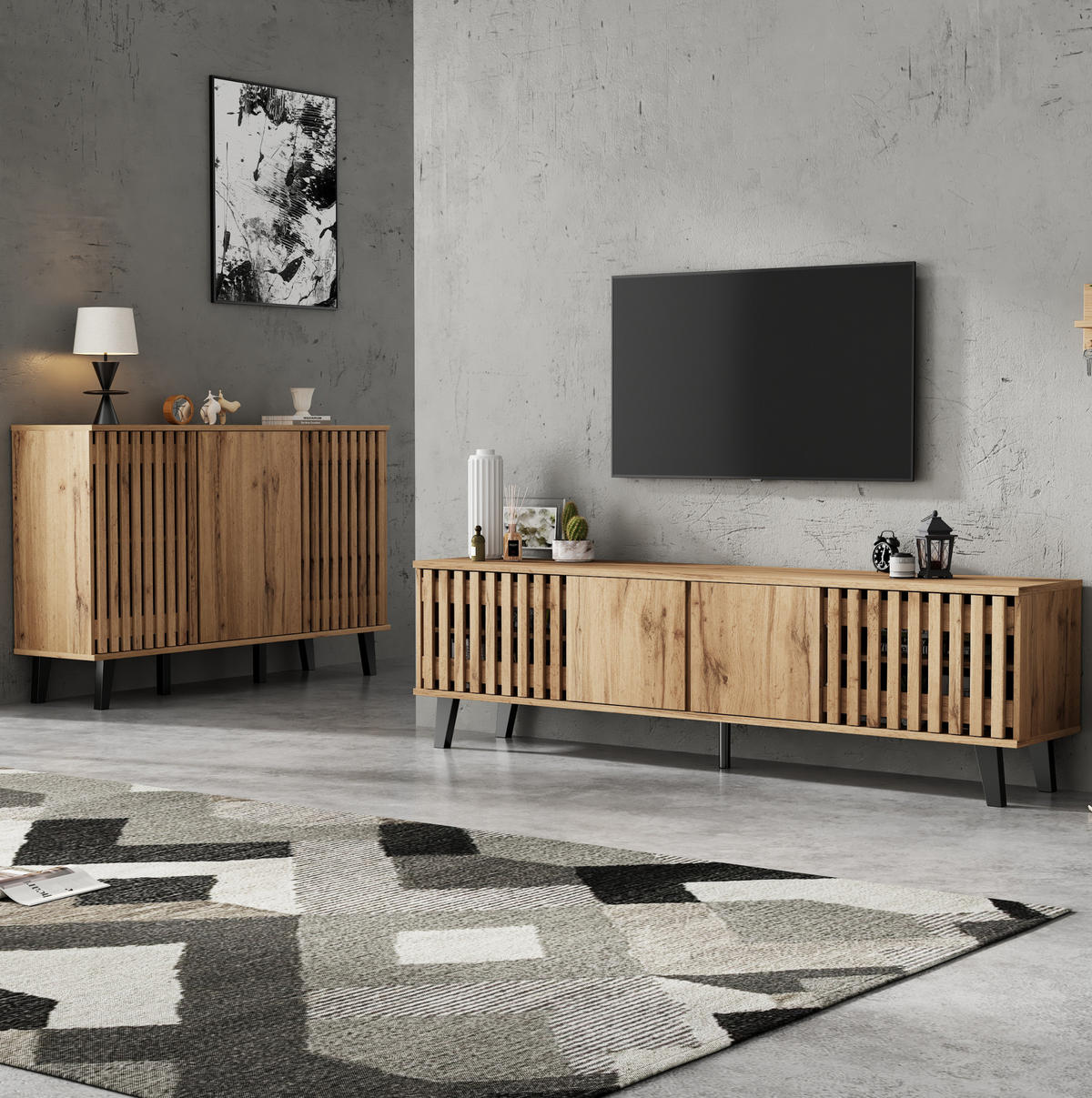 TV-LOWBOARD und Sideboard aus Spanplatte 180x40x55/150x40x95 cm Naturholzfarben mit Stauraum - Hellbraun, Holzwerkstoff (180/55/40cm) - IVMEU