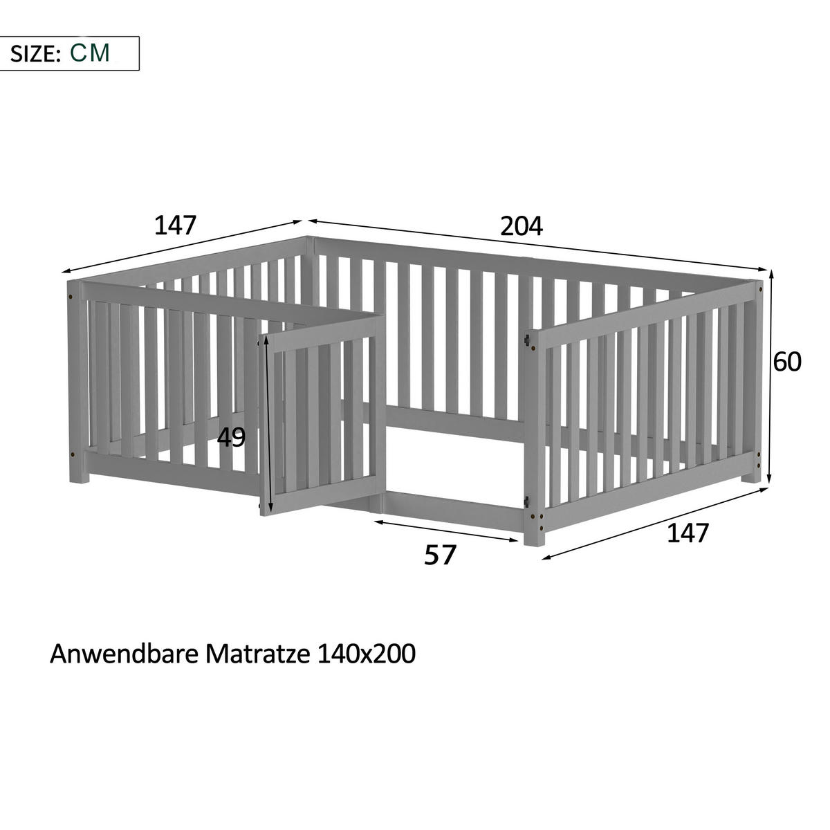 BODENBETT 140/200 cm grau mit Tür und Zaun aus Massivholz - Grau, Holz (140/200cm) - OKWISH
