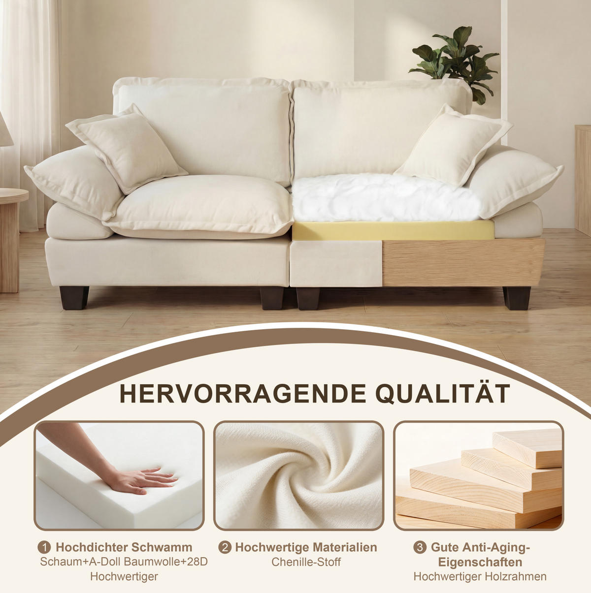 ECKSOFA 194/151/90 cm mit beweglicher Ottomane, Chenille-Bezug und 2 Kissen, Beige - Beige, Textil (194/151cm) - Redom