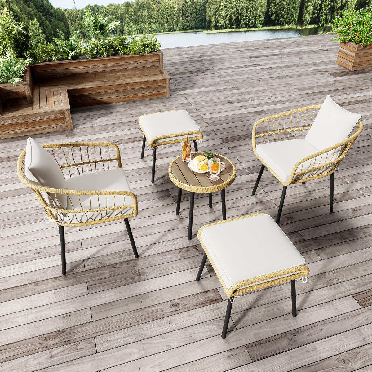 GARTEN-LOUNGE-SET 5-teilig mit Tisch, 2 Stühlen, 2 Hockern und Sitzkissen, Weiß/Natur - Naturfarben, Metall - Redom