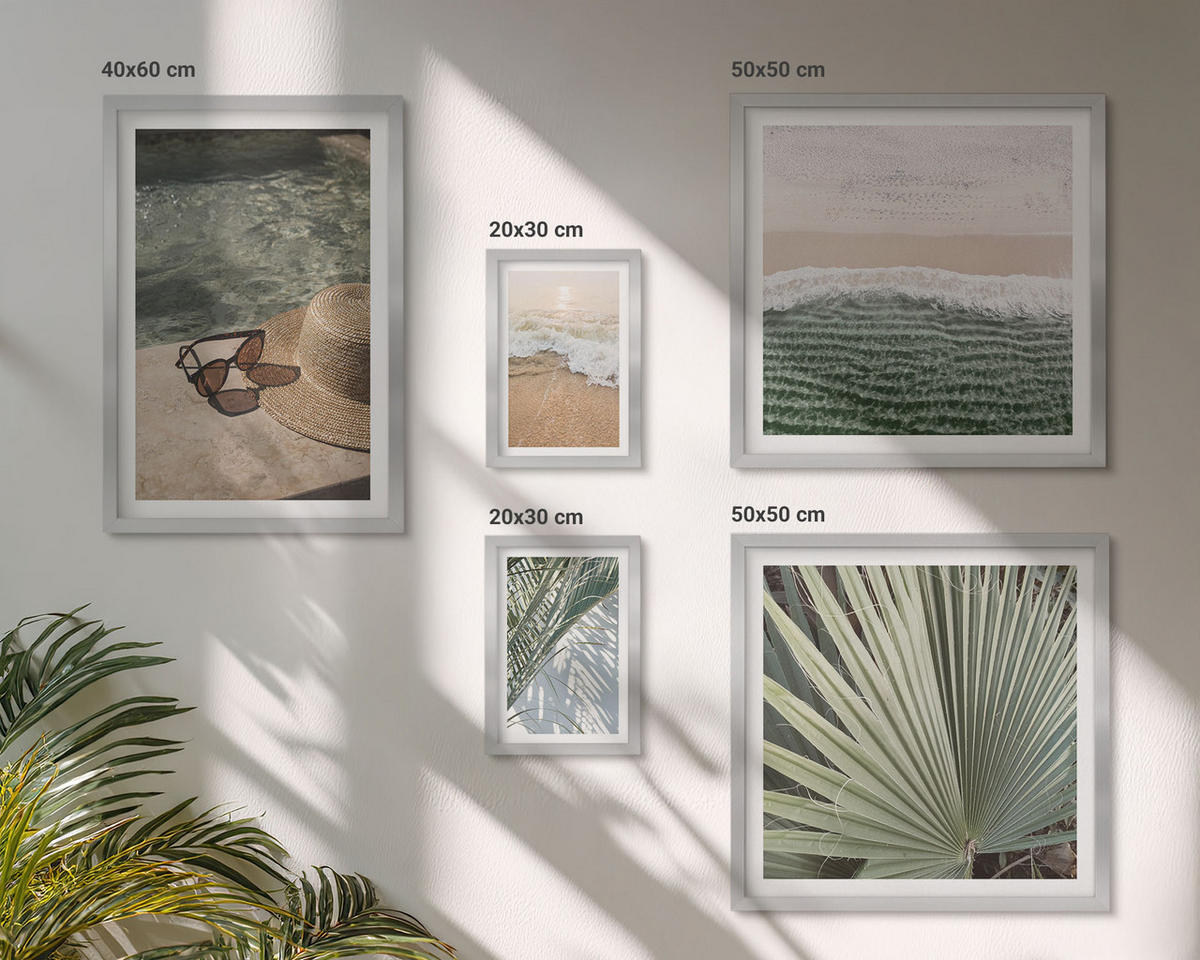 BILDER SET 5er Set - 50x50 cm & 20x30 cm & 40x60 cm Silberner Rahmen - Strandhut und Sonnenbrille - Silberfarben, Kunststoff (40/60cm) - TULUP
