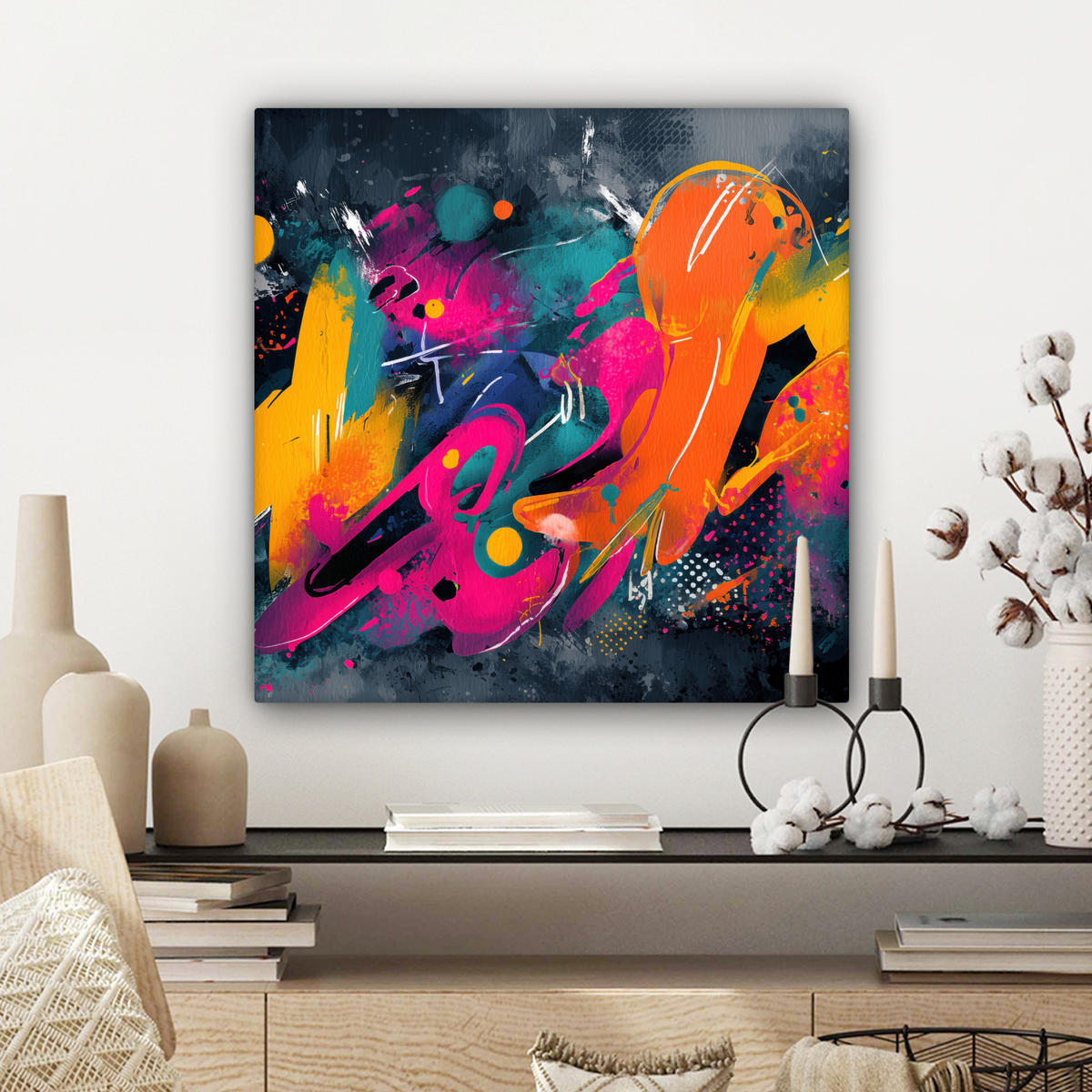 LEINWANDBILD Abstrakt - Graffiti - Farbenfroh - Farbspritzer Wandbild Wohnzimmer 50x50 cm - Multicolor, Textil (50/50cm) - MuchoWow