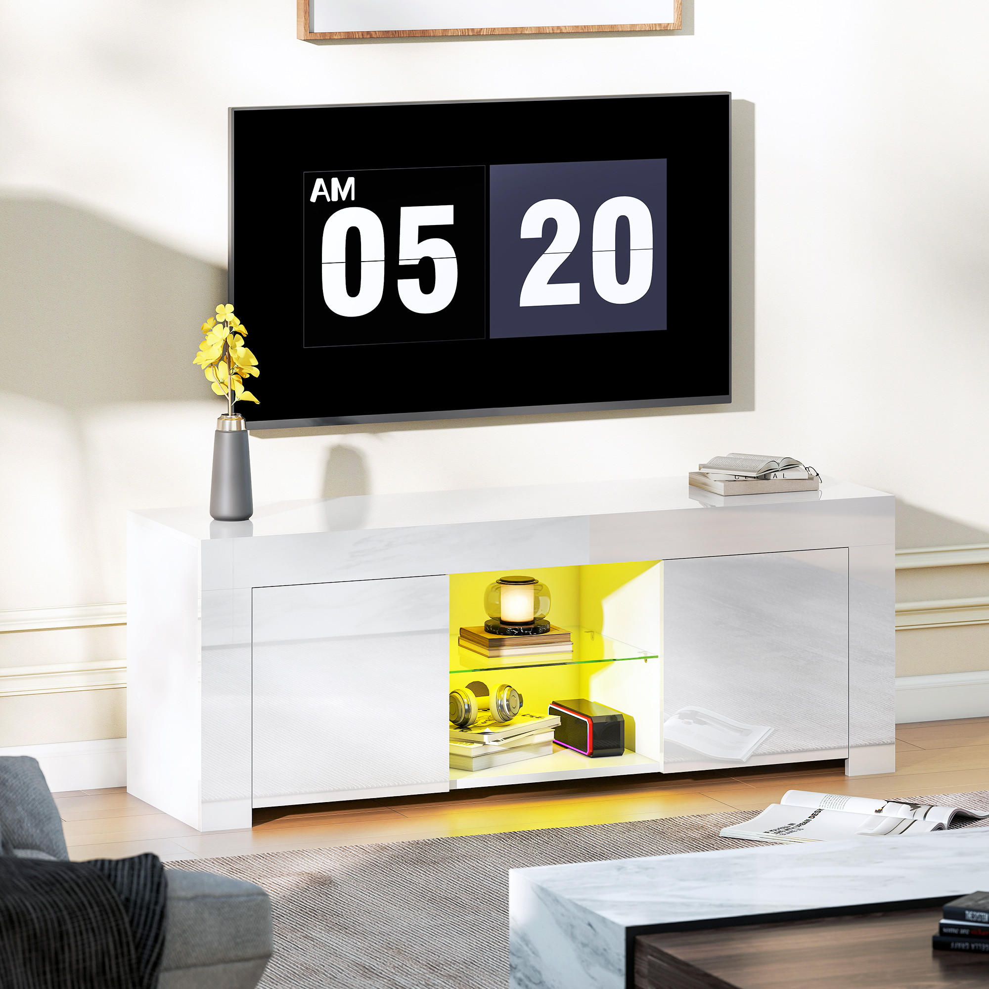 TV-SCHRANK mit LED-Beleuchtung, 2 Schranktüren, Glasregal, Kabellöcher Weiß - Weiß, Glas/Holzwerkstoff (34/45/120cm) - HOMCOM