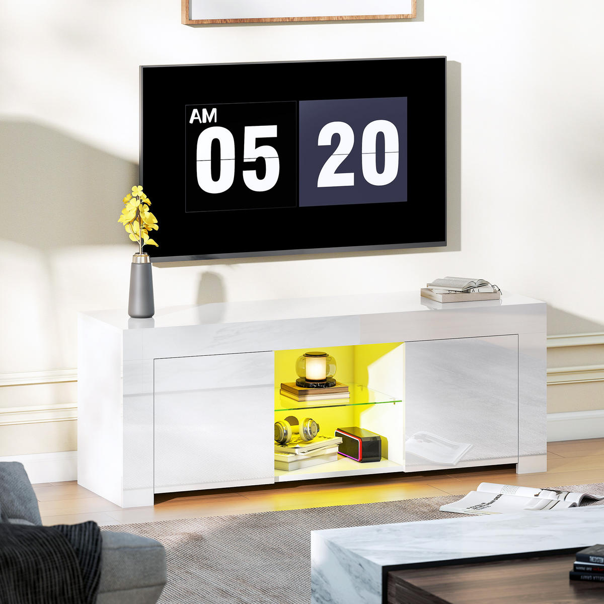 TV-SCHRANK mit LED-Beleuchtung, 2 Schranktüren, Glasregal, Kabellöcher Weiß - Weiß, Glas/Holzwerkstoff (34/45/120cm) - HOMCOM