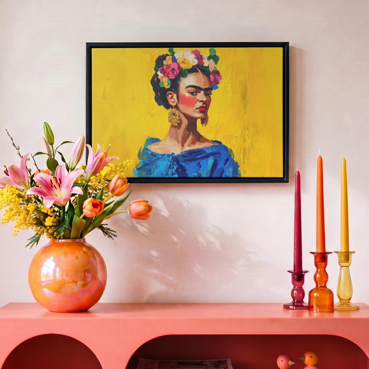 LEINWAND Bilder mit Rahmen - Frida Kahlo - Frau - Gelb - Blau - Blumen - 30x20 - Gelb, Textil (30/20cm) - MuchoWow