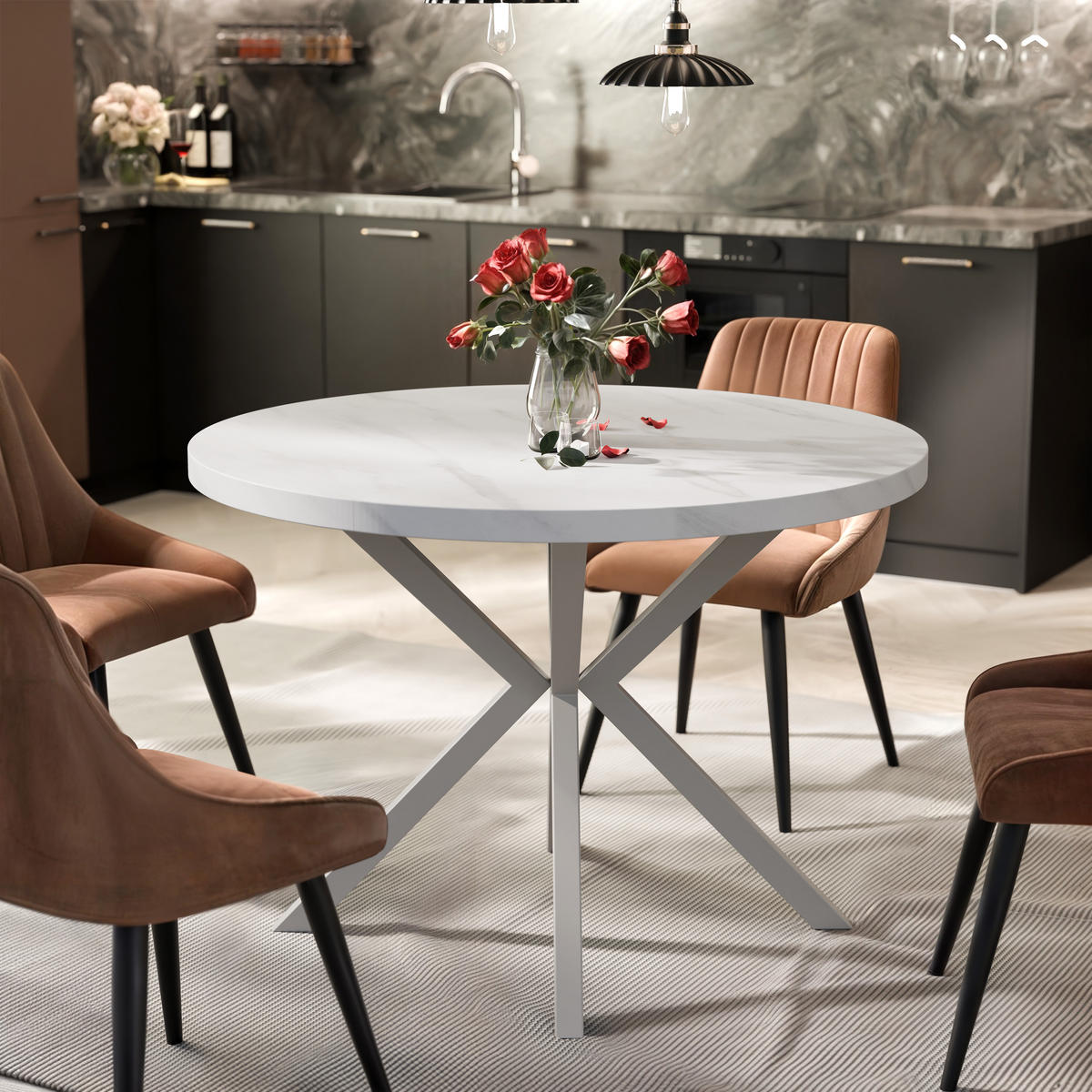 AUSZIEHTISCH MILTON 100-176/76 cm mit Metallgestell, Kaschmir / Bianco Marmor - Kaschmir/Weiß, Holzwerkstoff/Metall (100/100/76cm) - Idohome