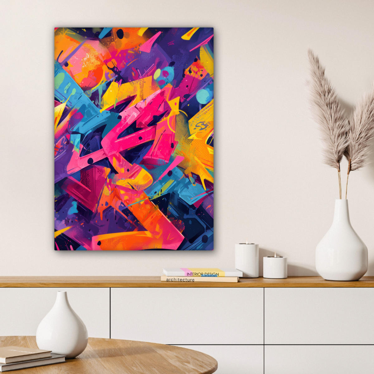 LEINWANDBILD Abstrakt - Formen - Farbenfroh Wandbild Wohnzimmer 60x80 cm - Magenta, Textil (60/80cm) - MuchoWow