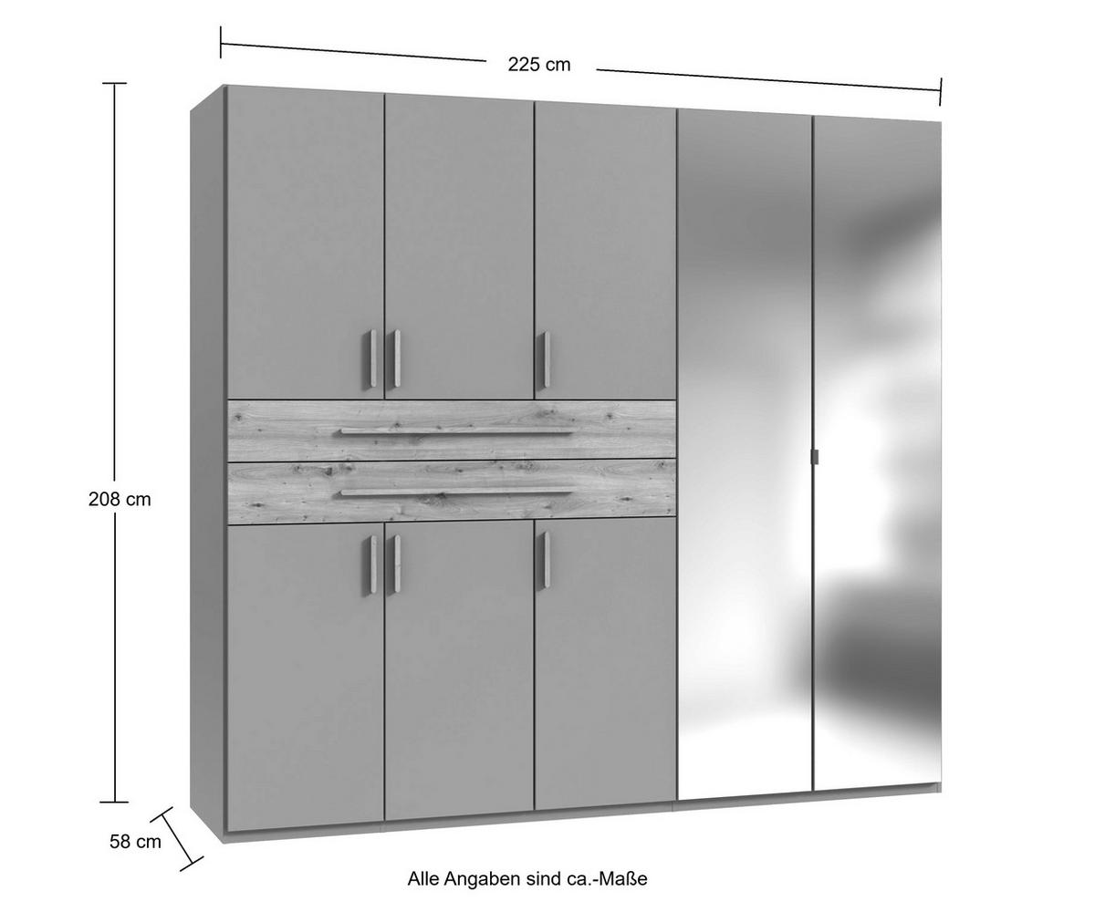 DREHTÜRENSCHRANK B225/H208/T58 cm Beige Grau, Kleiderschrank mit 2 Spiegeltüren, 2 großen Schubkästen & Griffen in Eiche Artisan Dekor / 22636 - Greige/Eiche Artisan, Holzwerkstoff/Kunststoff (225/208/58cm) - luma-home