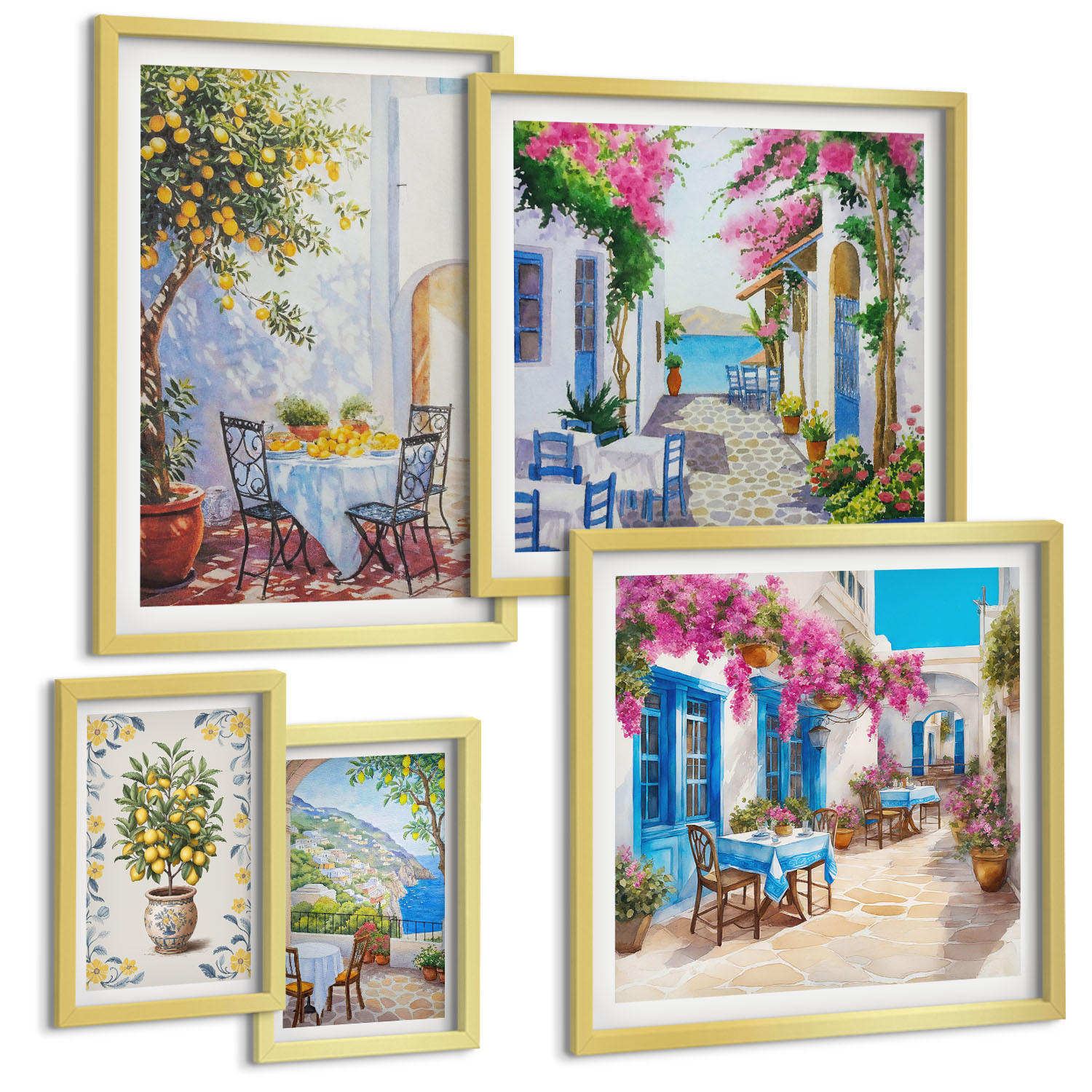 BILDER SET 5er Set - 50x50 cm & 20x30 cm & 40x60 cm Goldrahmen - Berglandschaften mit einem Fluss - Goldfarben, Kunststoff (40/60cm) - TULUP