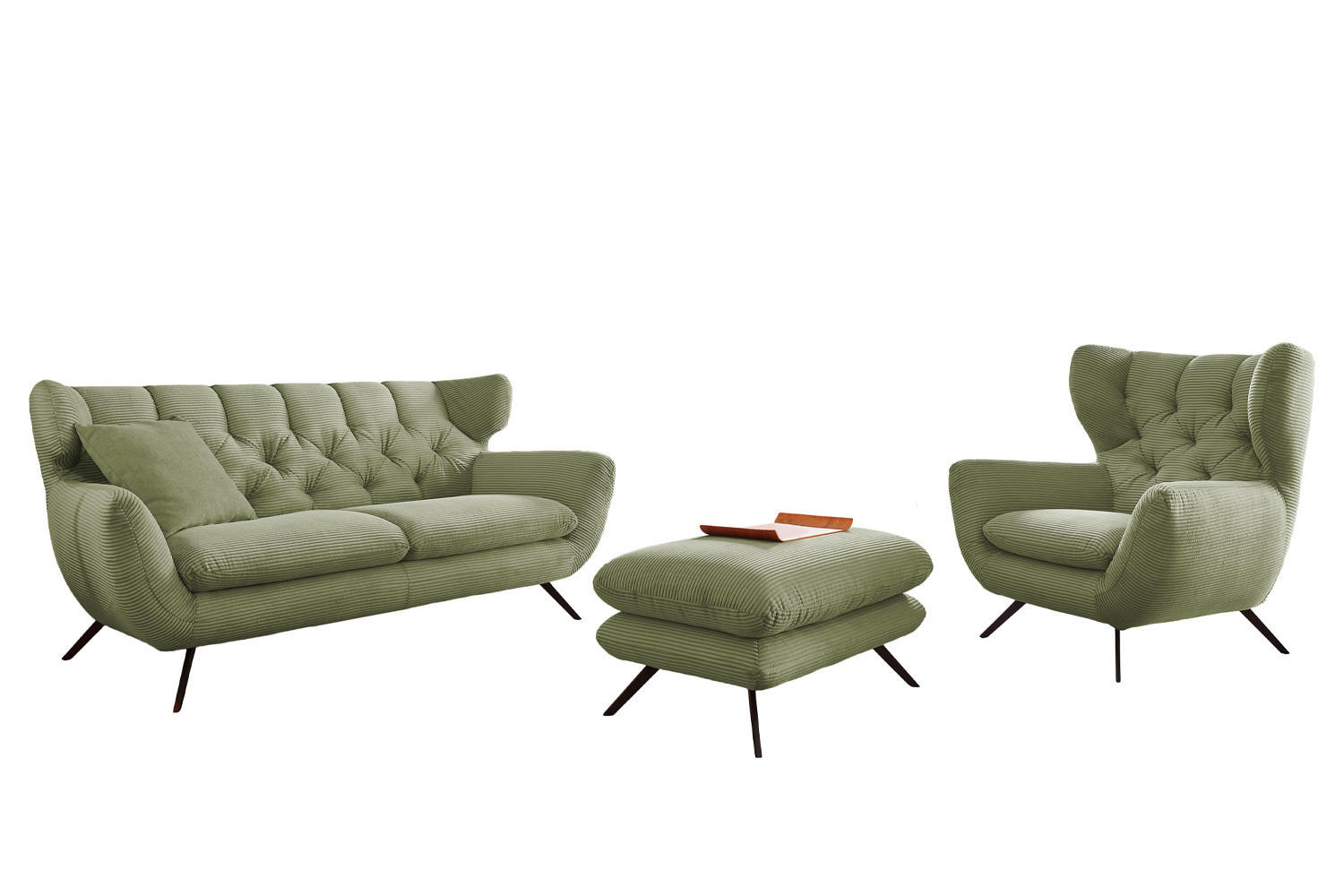 SITZGRUPPE CHARME Grün Cord - Schwarz/Grün, Textil/Metall (225/94/95cm) - KAWOLA