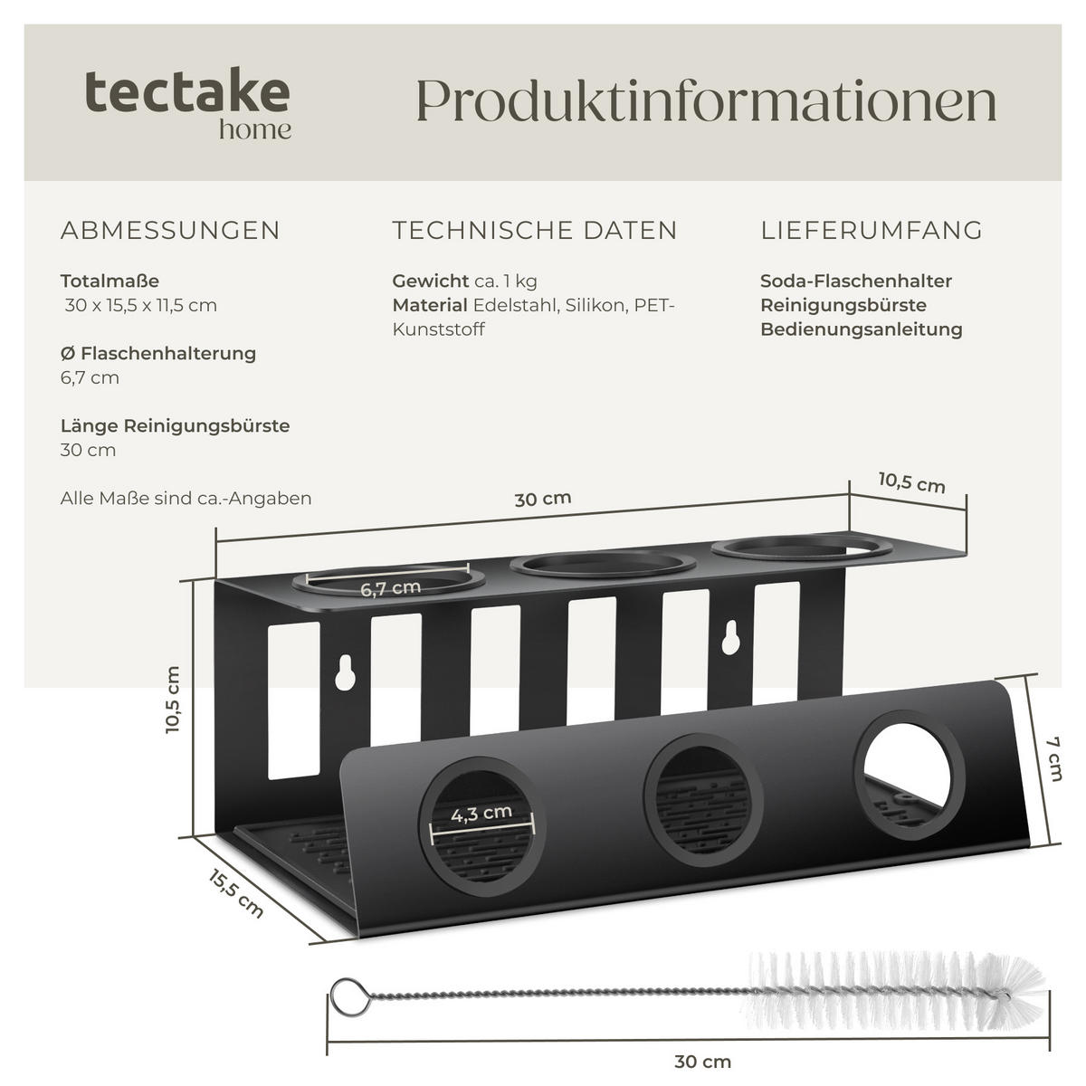 SODA-FLASCHENHALTER Triso,30 x 15,5 x 11,5 cm,schwarz - Schwarz, Metall (30/11.5/15.5cm) - tectake