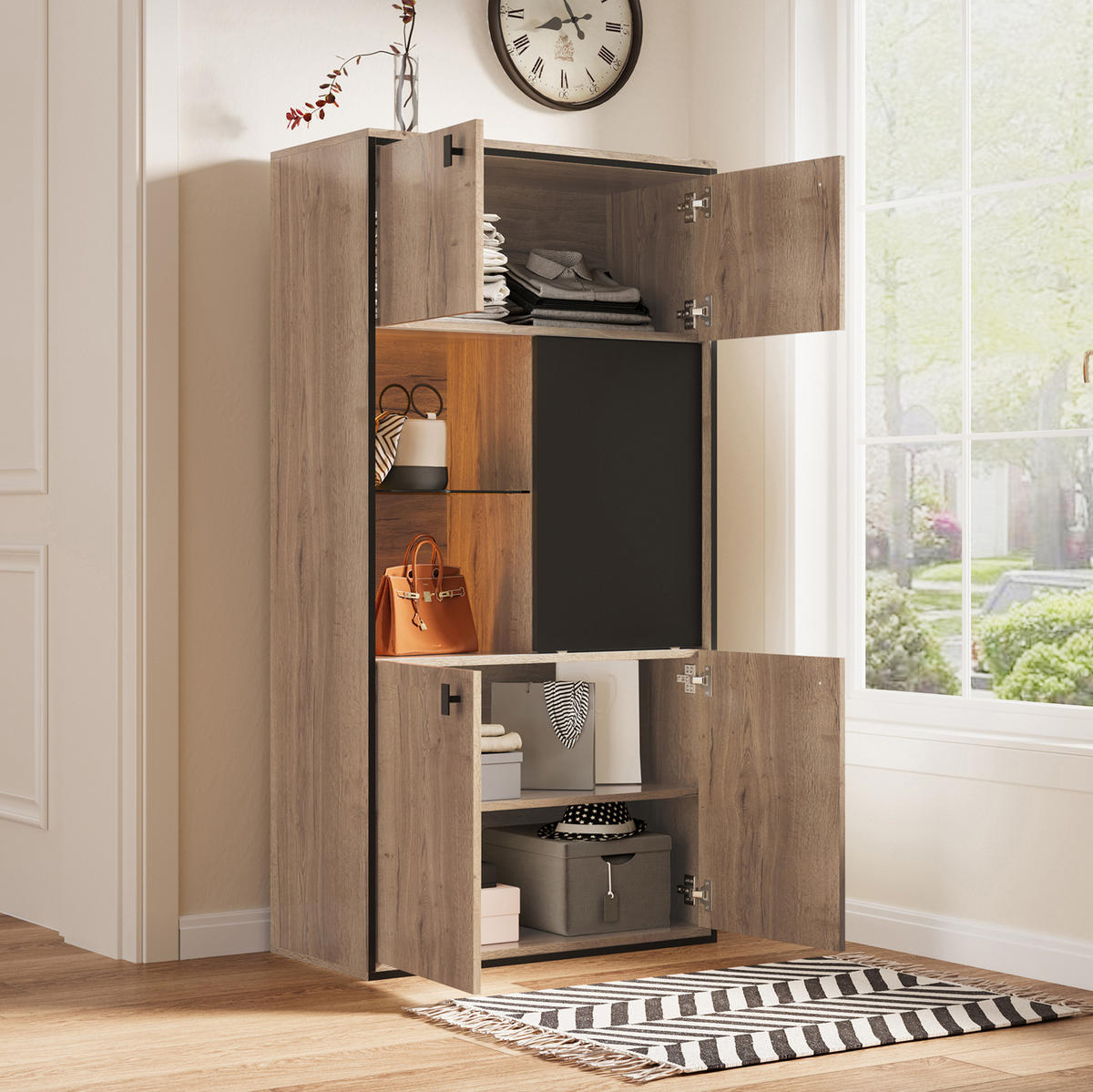 HIGHBOARD aus Holzwerkstoff 77,8/36/150 cm mit LED-Beleuchtung, Schiebetür und 3-Zonen-Stauraum, Naturfarben - Naturfarben, Holzwerkstoff (77.8/150/36cm) - Redom