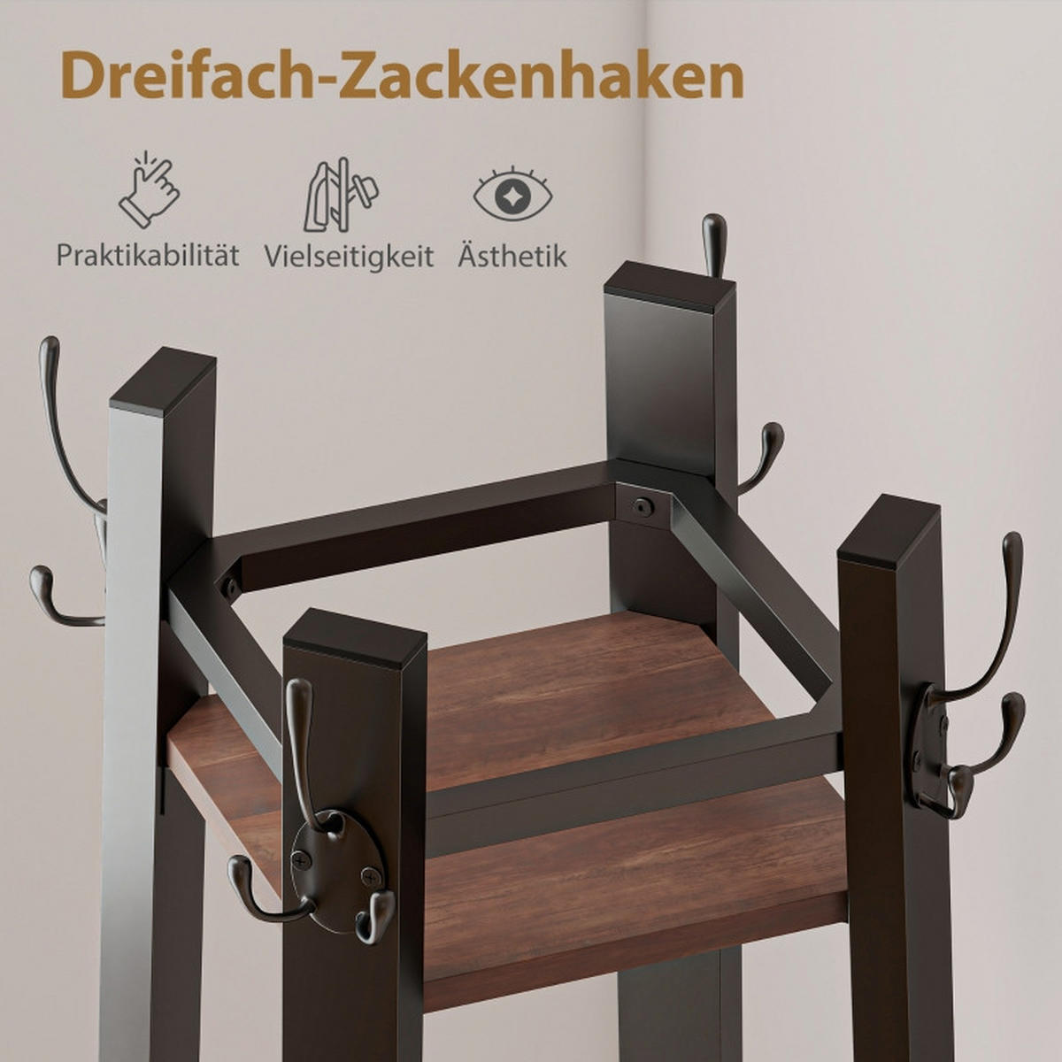 STANDGARDEROBE mit 8 Haken und 4 Ablagen, Industrial-Look, 34,8/34,8/179 cm - Braun, Holz (34.8/179/34.8cm) - BEAOK