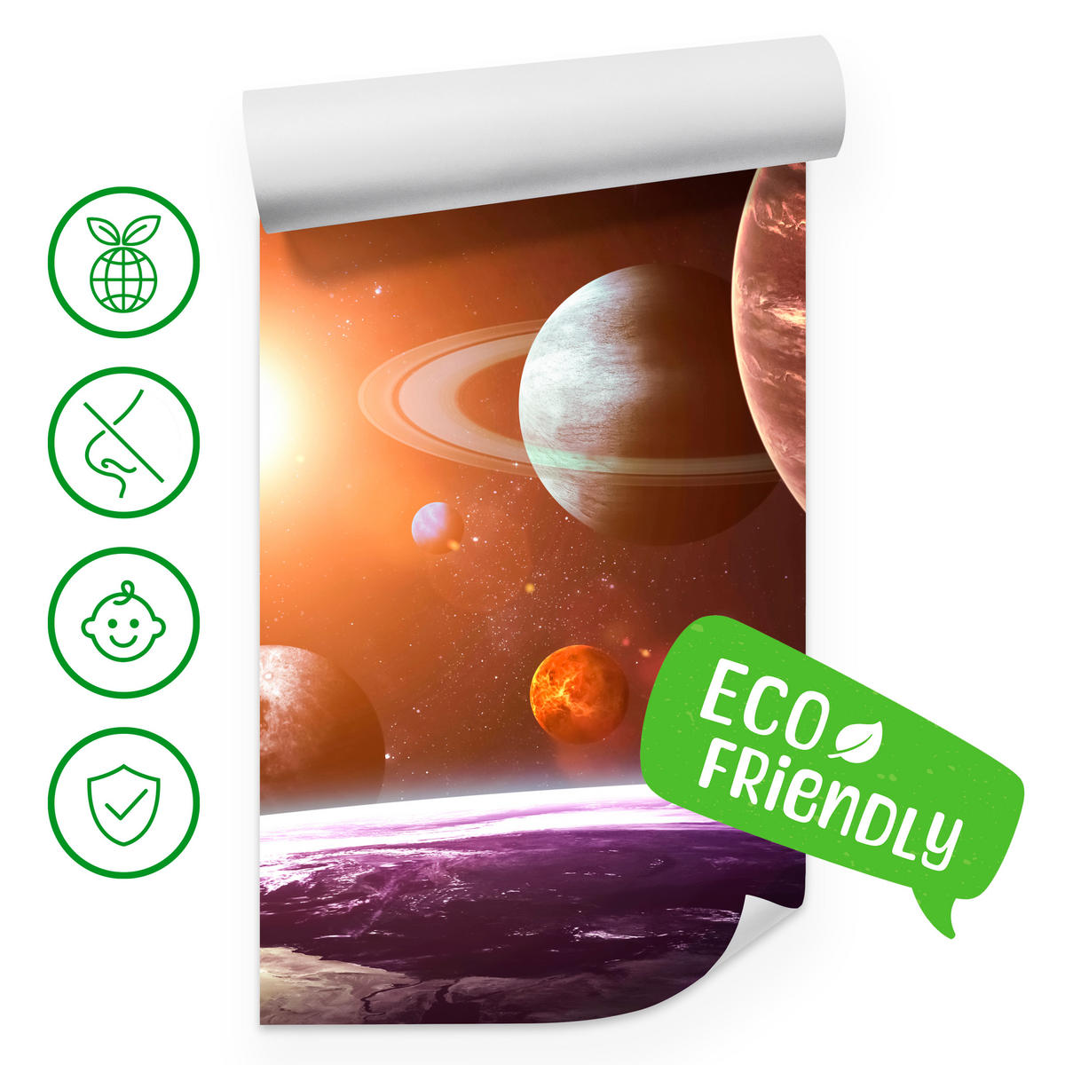 FOTOTAPETE für Büro Sonnensystem Planeten Blick Sterne 350x256 - Gelb/Violett, Papier (350/256cm) - Muralo