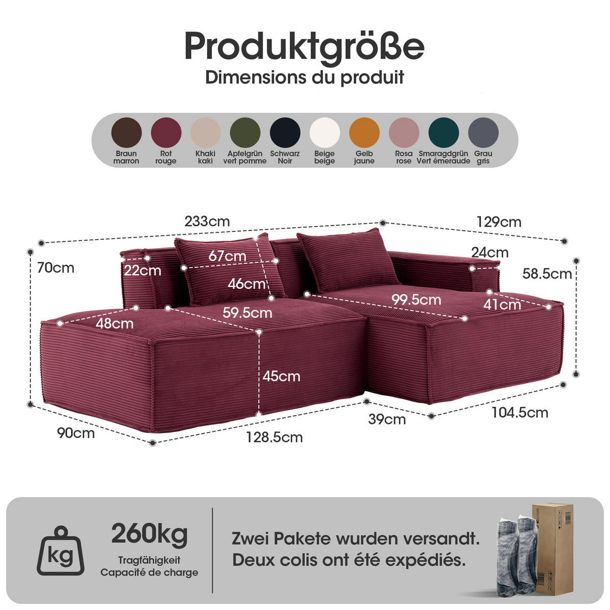 ECKSOFA Polyester Rot mit 2 Kissen - Weinrot, Textil (235/129cm) - WISHDOR