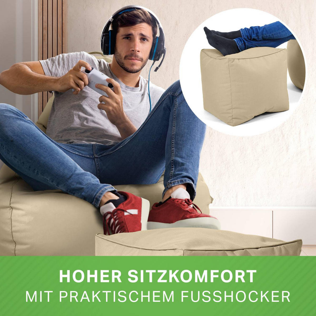 SITZSACK + Hocker "Cozy+Cube" 2er Set - Beige, Textil (70/90/80cm) - Green Bean