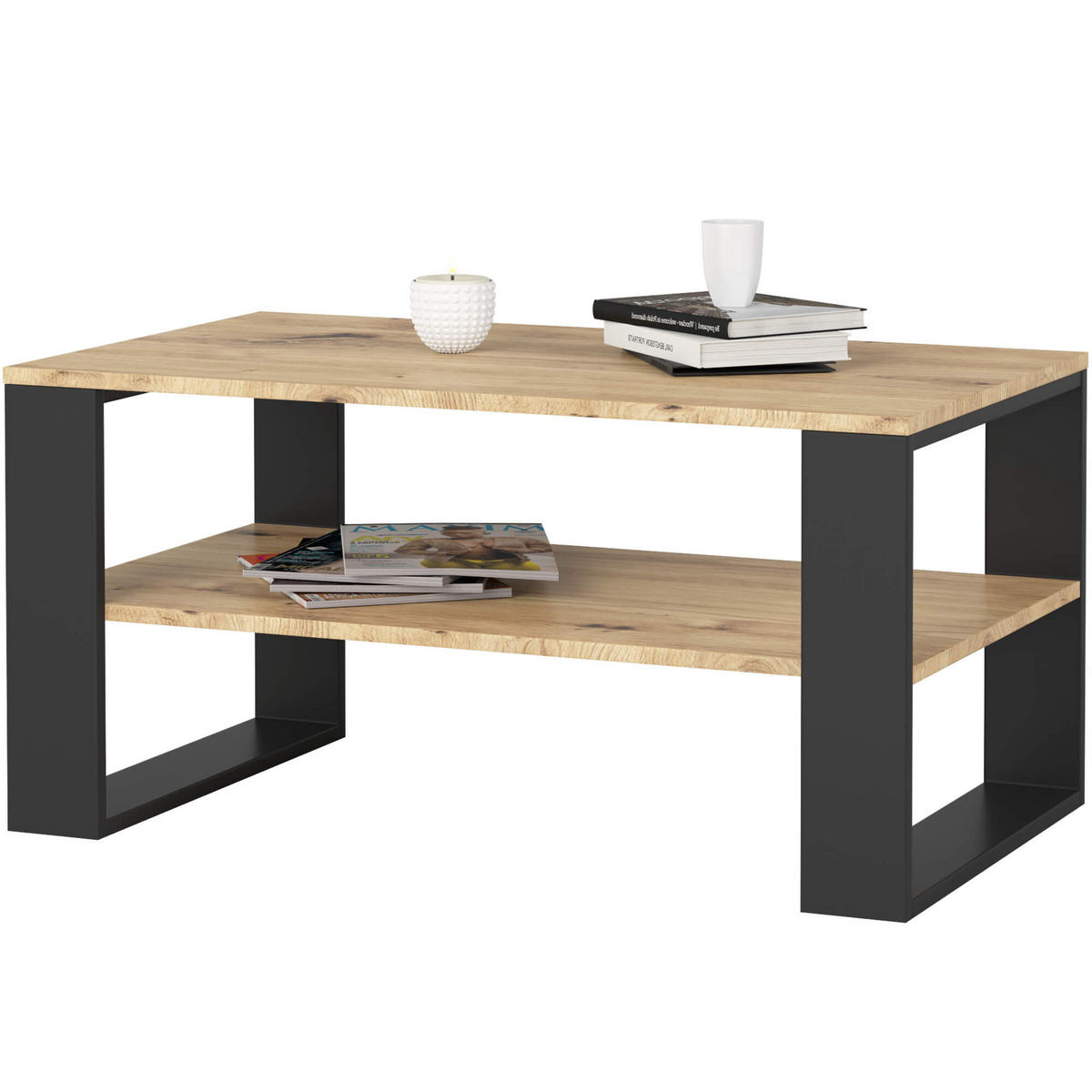 COUCHTISCH ALEX Eiche Artisan, Schwarz 92x53x45 cm - Schwarz/Eiche Artisan, Holzwerkstoff (53/92/45cm) - Akord