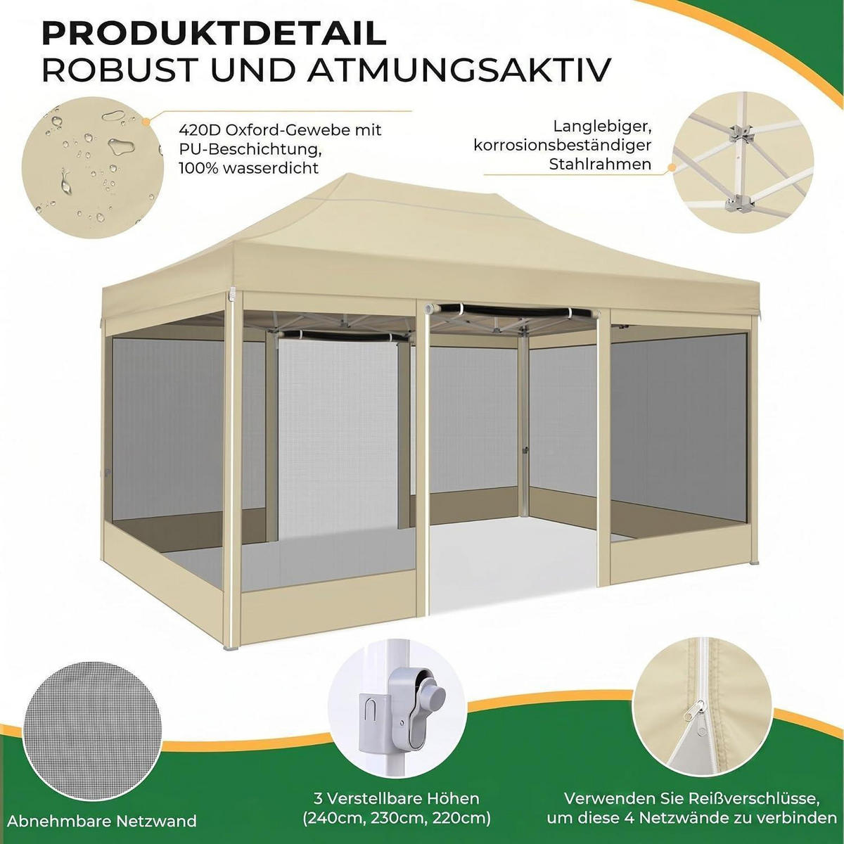 FALTPAVILLON 3 x 4,5 m Khaki Wasserdicht mit Moskitonetz - Olivgrün, Textil (300/335/450cm)