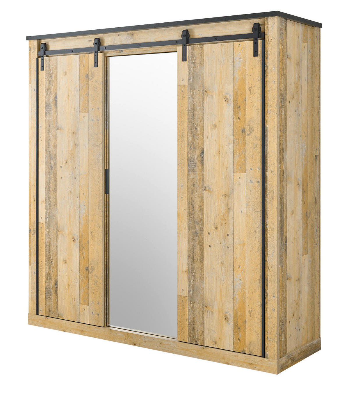KLEIDERSCHRANK Used Wood hell, dunkles Grau 201 x 209 cm, Schiebetürenschrank 3-türig mit Spiegel - Dunkelgrau/Schwarz, Glas/Holzwerkstoff (201/209/63cm) - Furn.Design