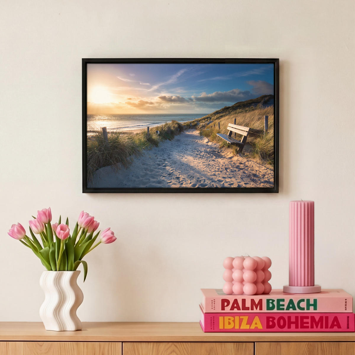 LEINWAND Bilder mit Rahmen - Sonnenuntergang - Strand - Düne - Gras - Ufer - 30x20 - Sandfarben, Textil (30/20cm) - MuchoWow