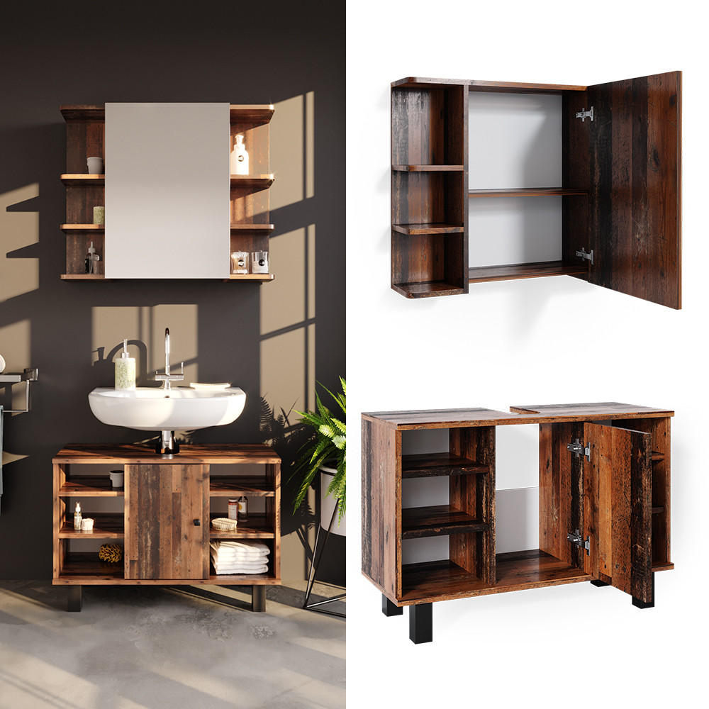 BADMÖBEL-SET Fynn Eiche rustikal 2 Teile, Unterschrank 80 cm - Wildeiche, Holzwerkstoff (60/54/32cm) - Vicco