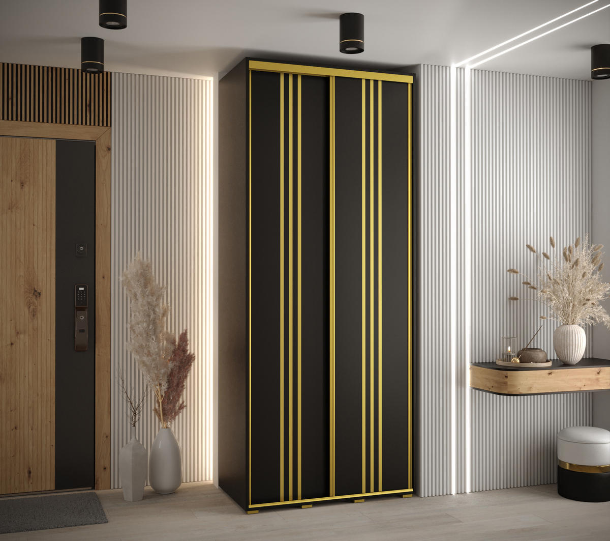 SCHWEBETÜRENSCHRANK 235,2/100/60 2-türig - Goldfarben/Schwarz, Holz/Metall (100/235/60cm) - Abiks Möbel