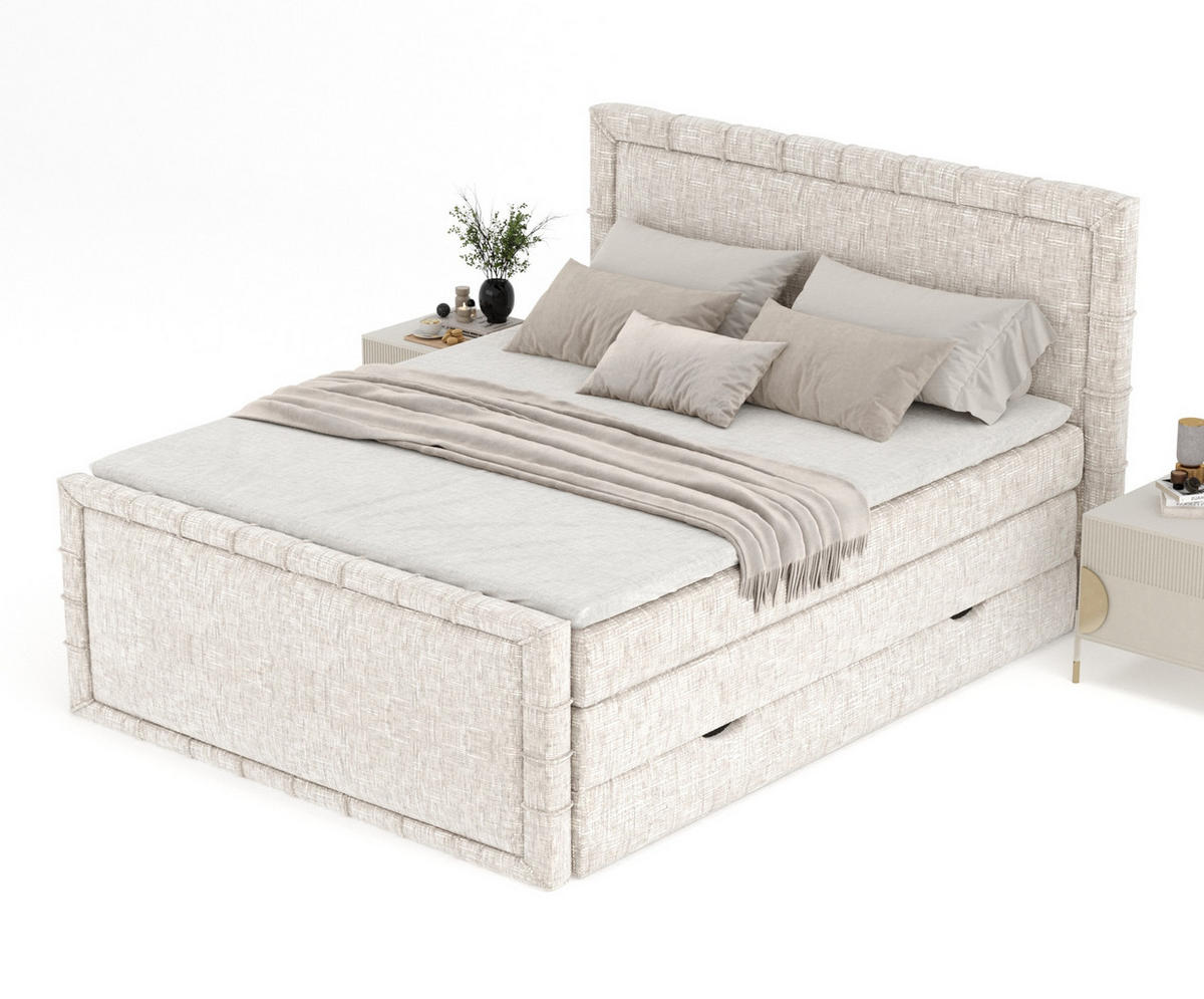 BOXBETT Estelle Creme 180/200 cm im Webstoff - Creme/Schwarz, Holz/Holzwerkstoff (180/200cm) - Maison de Reve