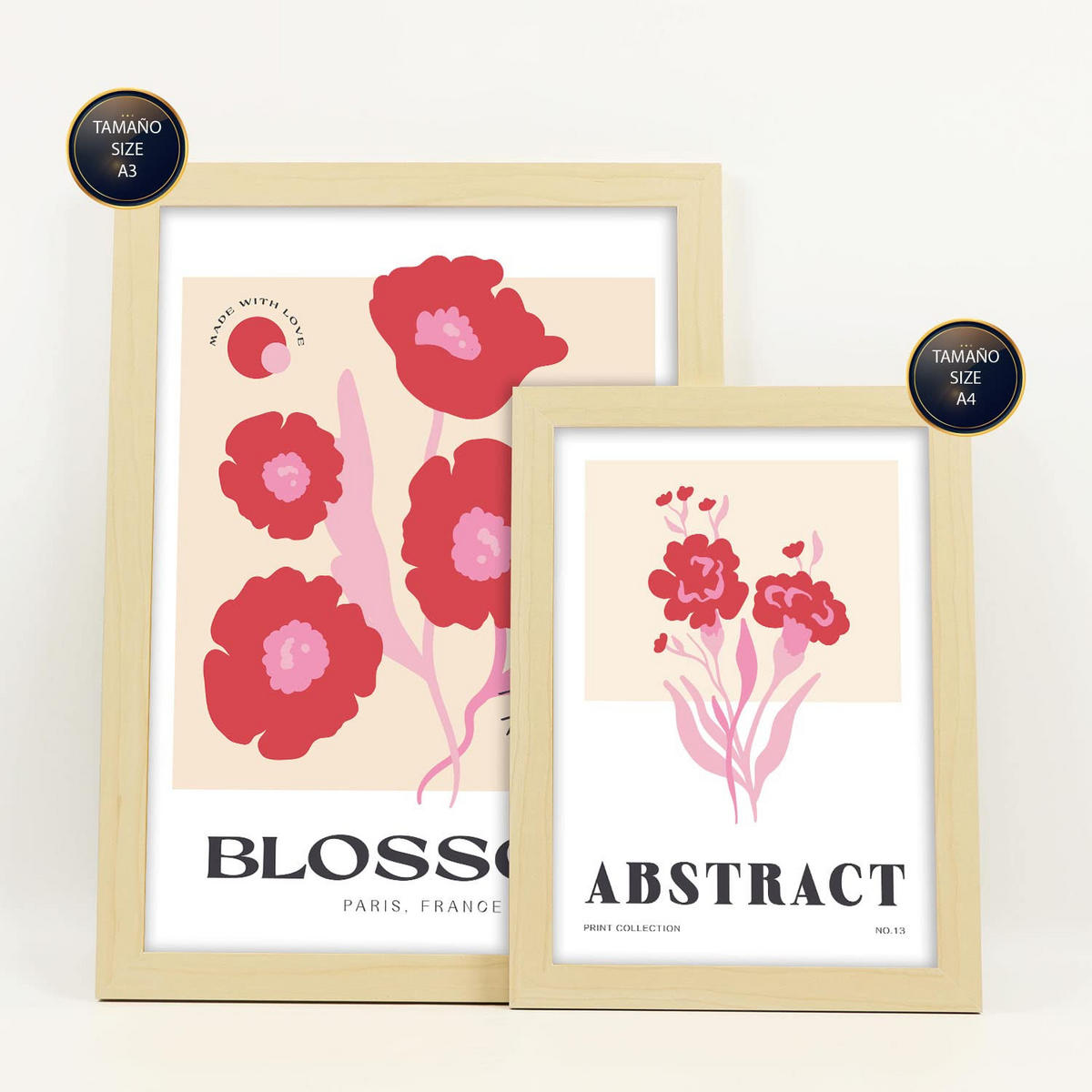 POSTER Set Mit 6 Blumen Blühen Natur Und Botanikdrucke Für Innenarchitektur A3 & A4 Rahmen Aus Hellem Holz - Beige, Papier (29/3cm) - Nacnic