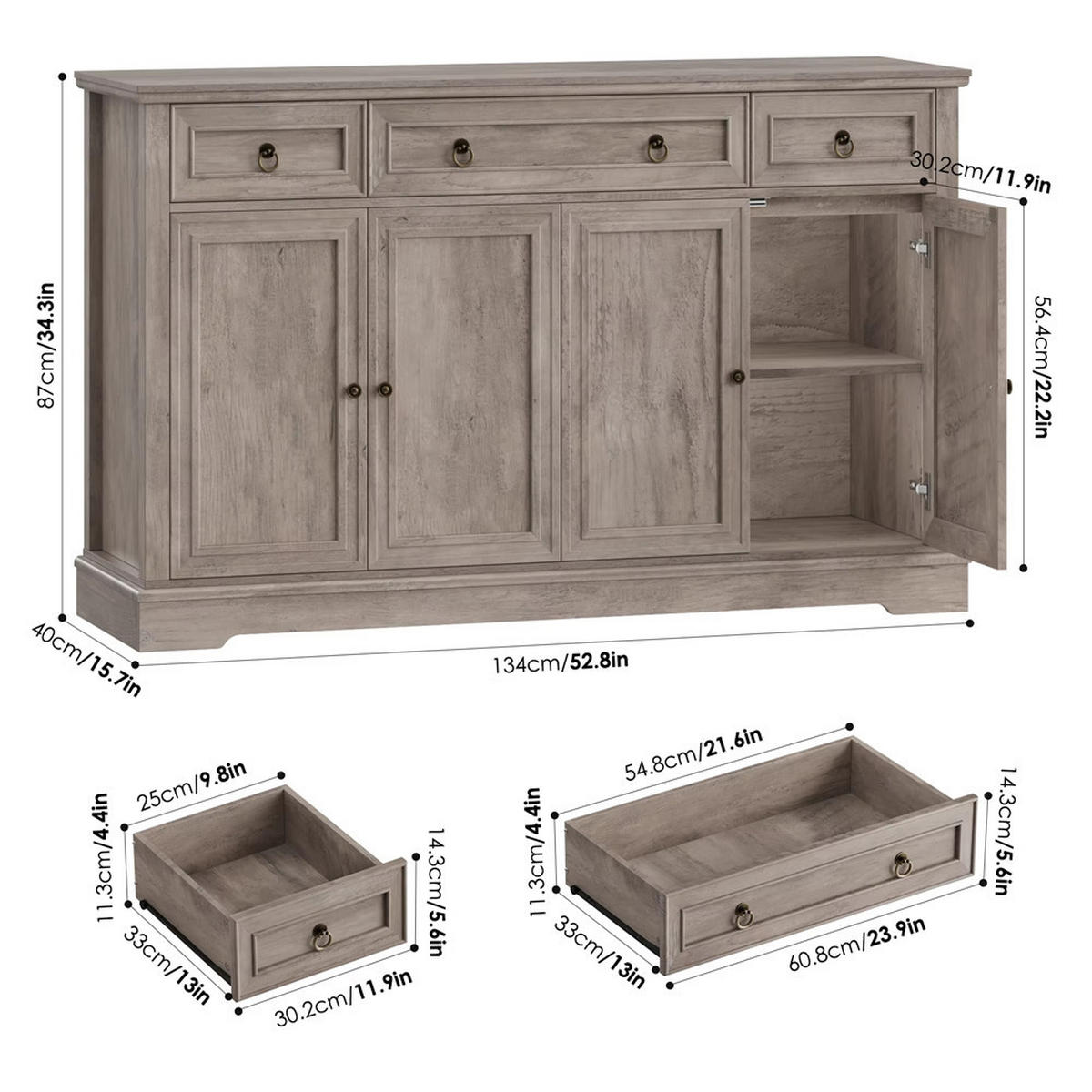SIDEBOARD 134/87/40 cm Küchenschrank mit 3 Schubladen, Retro - Hellbraun, Holz (134/87/40cm) - Coonoor