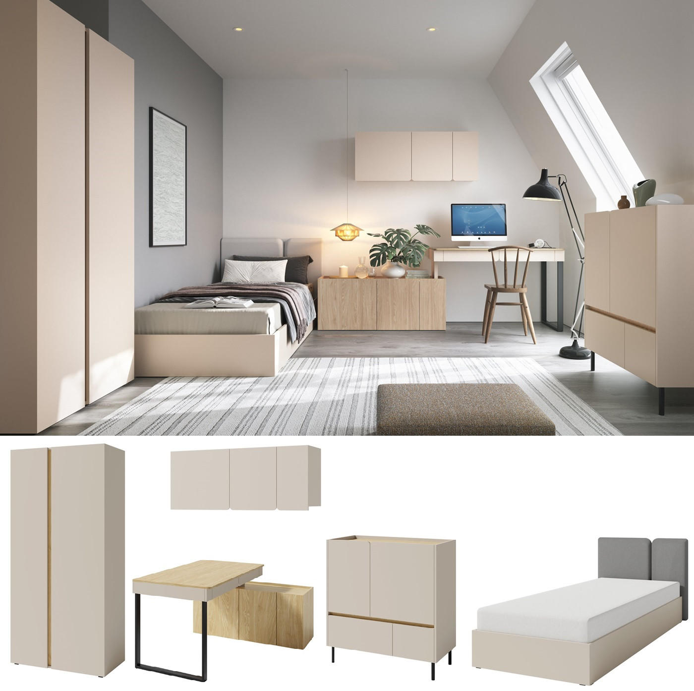 QMM TraumMöbel Jugendzimmer Beige, Eiche 90x88x200 cm