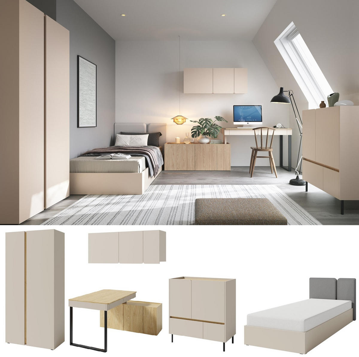 JUGENDZIMMER Laris Set A mit Bett 90 x 200 - Sandbeige / Eiche geölt - Eichefarben/Beige, Holzwerkstoff/Metall (90/50/195cm) - QMM TraumMöbel