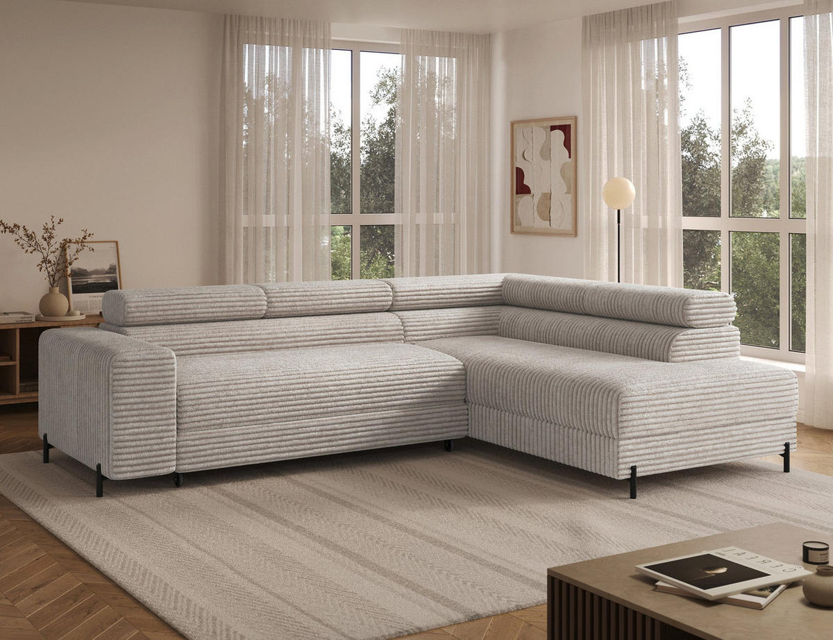 ECKSOFA COLESIO L-Form, Schlaffunktion, Bettkasten, verstellbare Kopfstützen, Wellenfederung, Metallfüße, breiter Cordstoff - Schwarz/Weiß, Kunststoff/Metall (204/269cm) - Wohnideebilder
