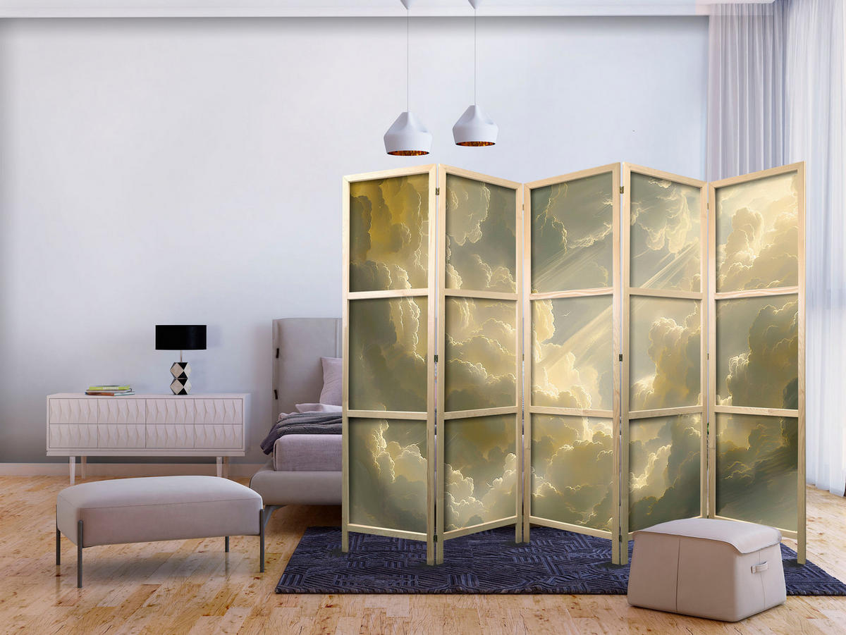 PARAVENT Japanischer 5-tlg 225x172 cm Wolken Abstraktion - Gelb, Holz/Textil (225/172/3cm) - Muralo
