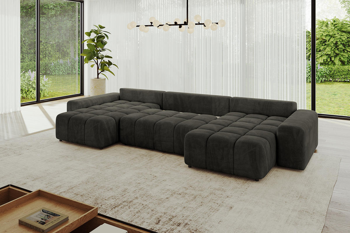 WOHNLANDSCHAFT ENIL-U 390x175x84 Schwarz Velours - Schwarz, Holzwerkstoff/Kunststoff (390/84/175cm) - ALTDECOR