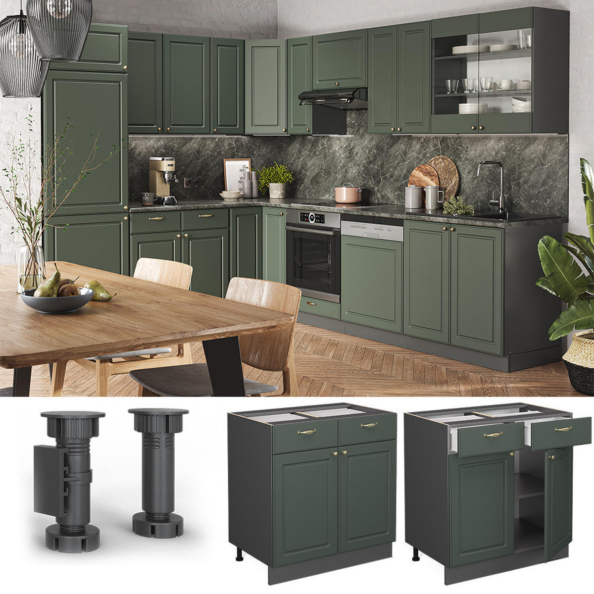 KÜCHENUNTERSCHRANK Fame-Line Grün-Gold Landhaus 80 cm, AP Eiche - Anthrazit/Grün, Holzwerkstoff (80/82/60cm) - Vicco