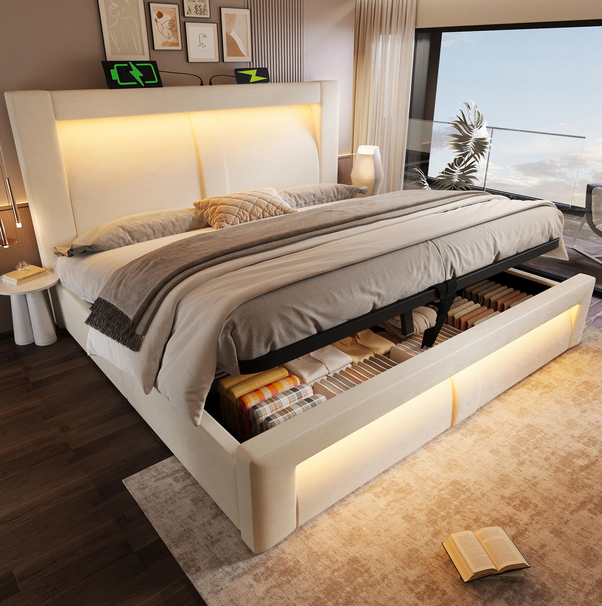 SAMT-POLSTERBETT 160/200 cm mit Bettkasten, LED-Beleuchtung und gepolstertem Kopfteil - Beige, Textil (160/200cm) - BEAOK