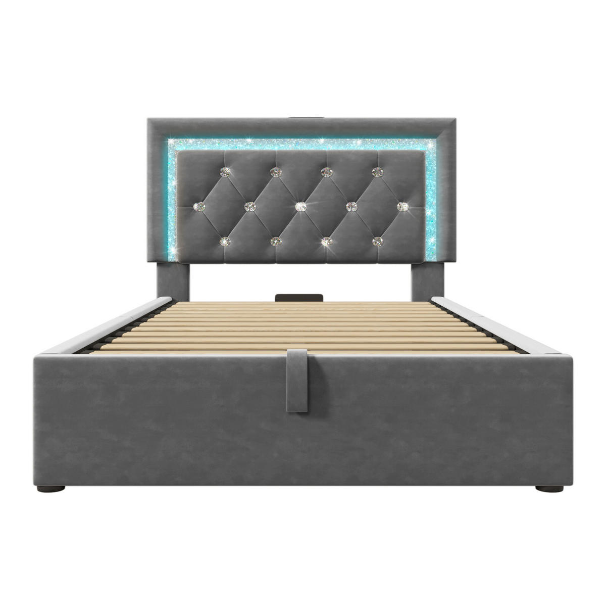 POLSTERBETT 90/200 cm Grau aus Samt mit LED und USB- & Type-C-Anschlüssen - Grau, Textil (90/200cm) - Flora Grace