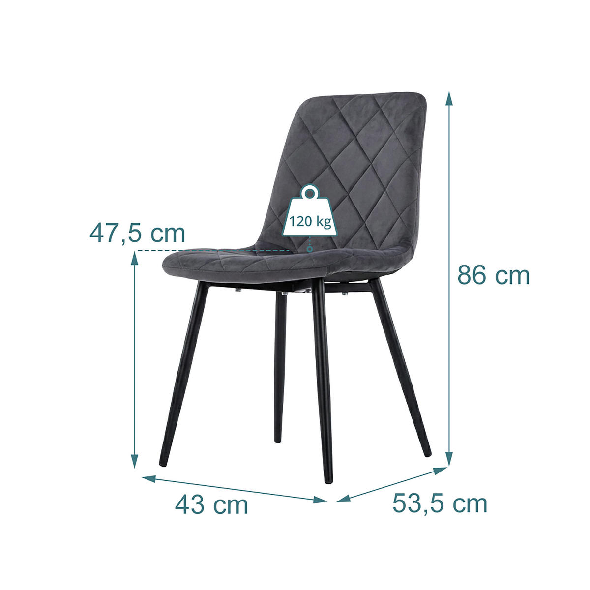 STOL Antracit 4-pack sammet metallben - Antracit, Trä/Textil (43/86/53.5cm) - Relaxdays