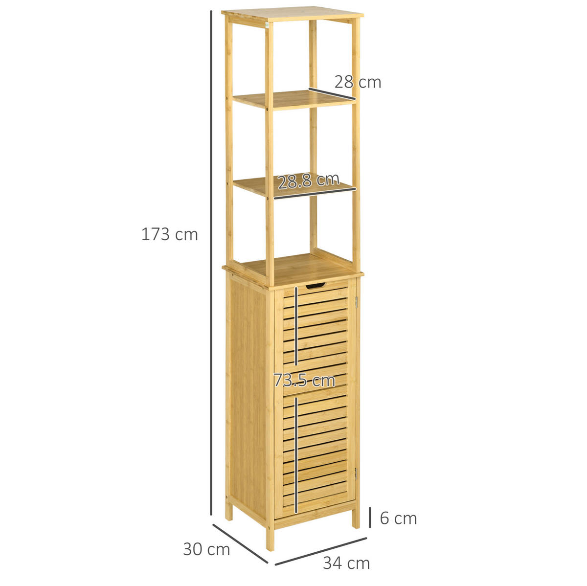 HOCHSCHRANK 34/30/173 cm aus Bambus mit Lamellentür und 3 offenen Fächern Natur - Naturfarben, Holzwerkstoff (34/173/30cm) - Modenvie