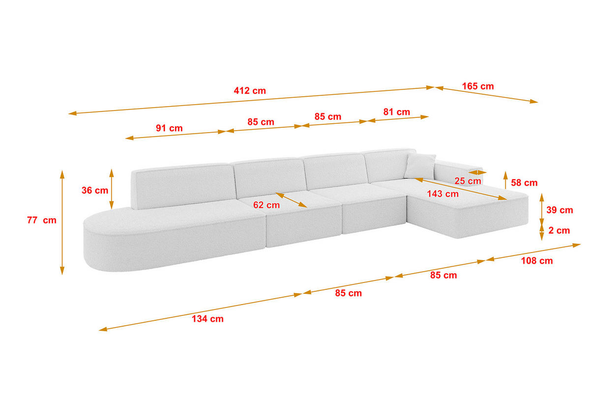 ECKSOFA Ottomane Rechts IREA-L3-v4 - 412x165x77 cm Weiß - Weiß, Holzwerkstoff/Textil (412/165cm) - ALTDECOR