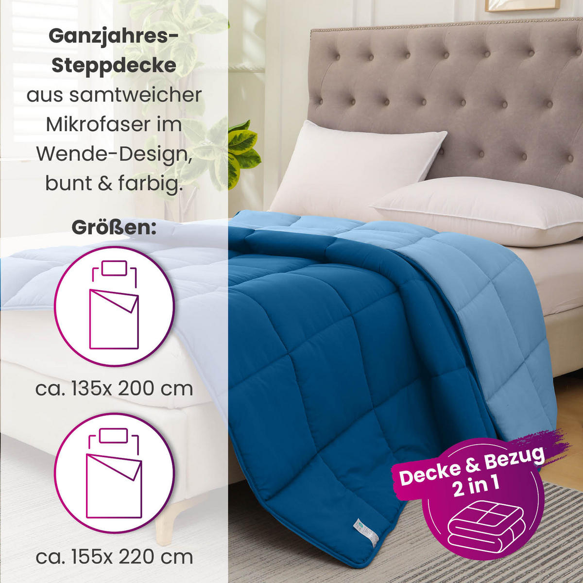 PLÜSCH Steppbett Bi-Color im Wende-Design blau 155x220 - Blau, Textil (155/220cm) - wometo